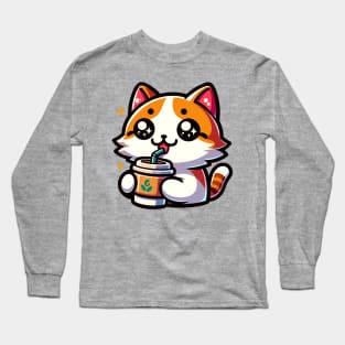 Kawaii Cat Drinking Coffee Long Sleeve T-Shirt